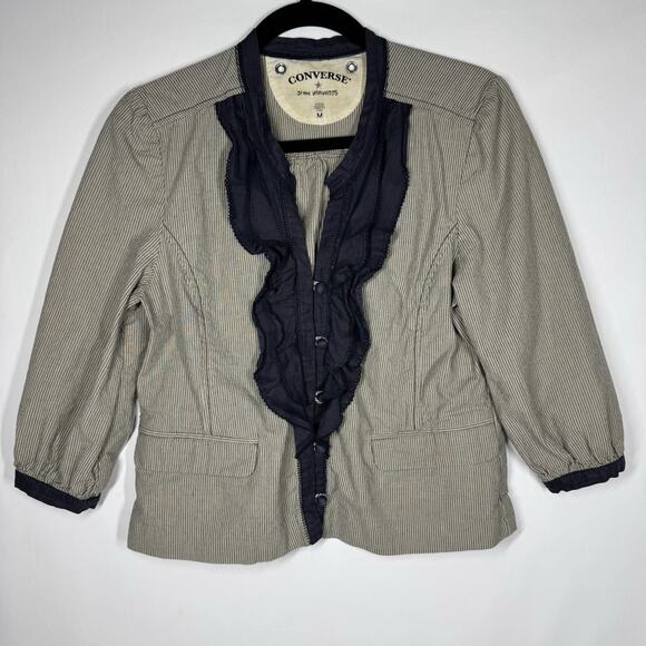 Converse x John Varvatos Jacket Womens M Pinstripe Pleated Ruffle Front Blazer - Picture 1 of 7